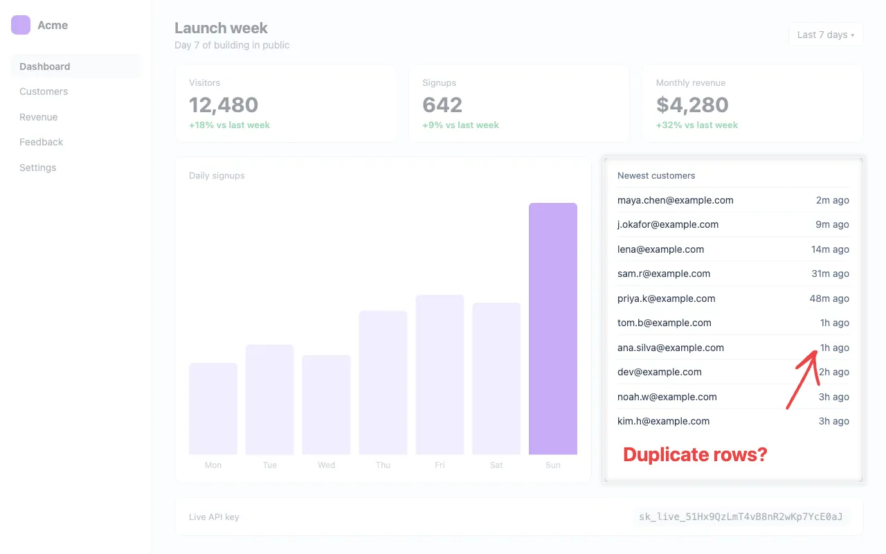 The dashboard with the customer list highlighted and a Duplicate rows label pointing at two rows