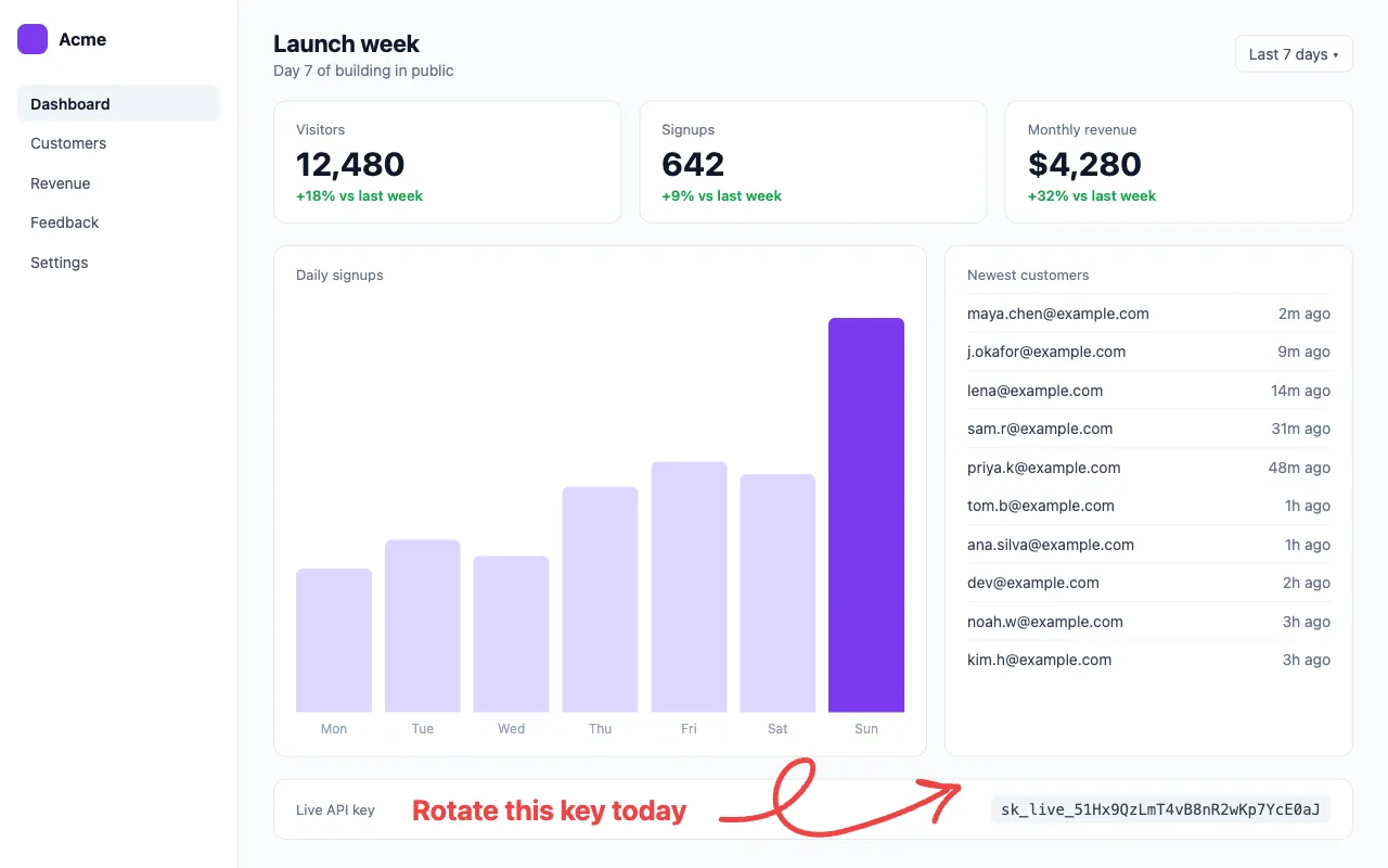 The dashboard with the red note Rotate this key today and a looping arrow pointing at the live API key