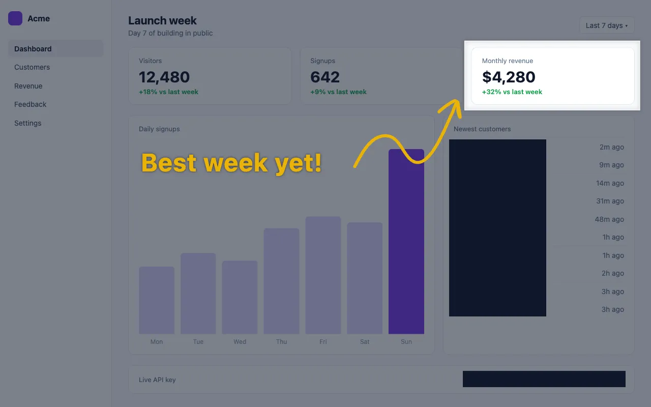 The dashboard with the revenue card spotlighted, an arrow and a Best week yet label pointing at it, and emails and an API key hidden